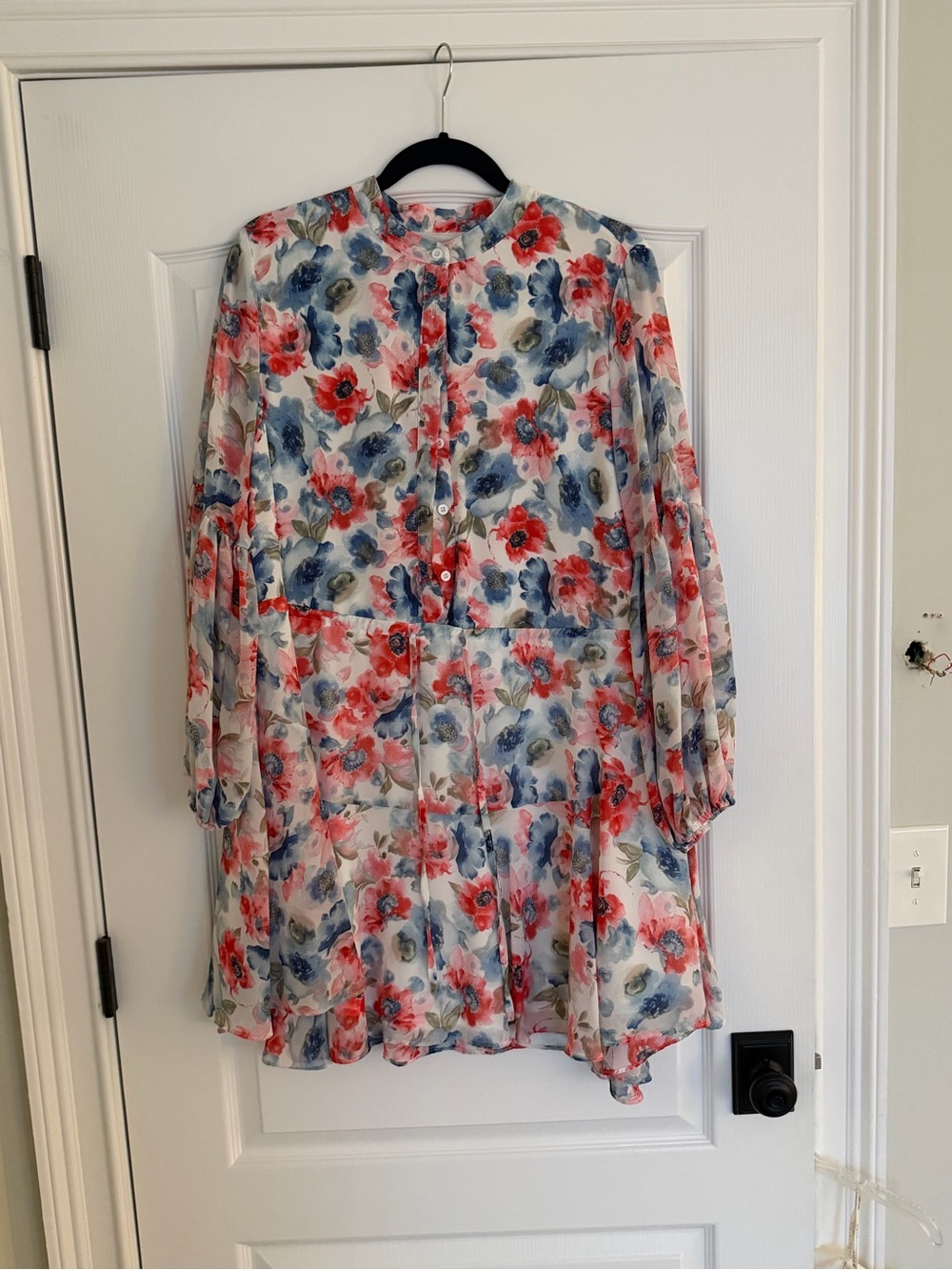 Floral Tiered Long Sleeve Dress in White with Red & Blue Flowers